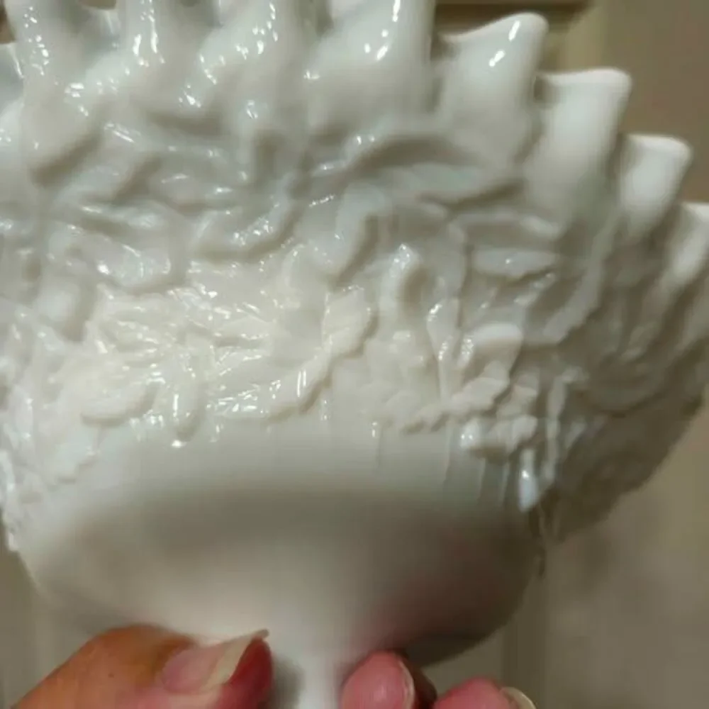 Milk glass ruffled edge grape leaf footed bowl